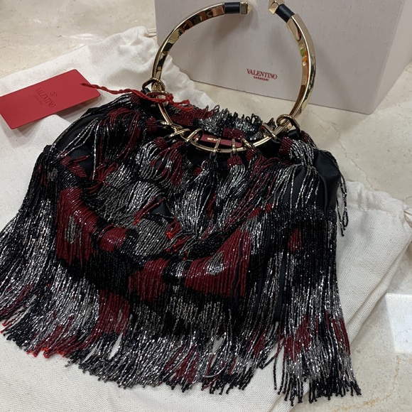 VALENTINO GARAVANI BEADED FRINGE SATIN CLUTCH WITH GOLD TONE ROUND HANDLE - Picture 7 of 16